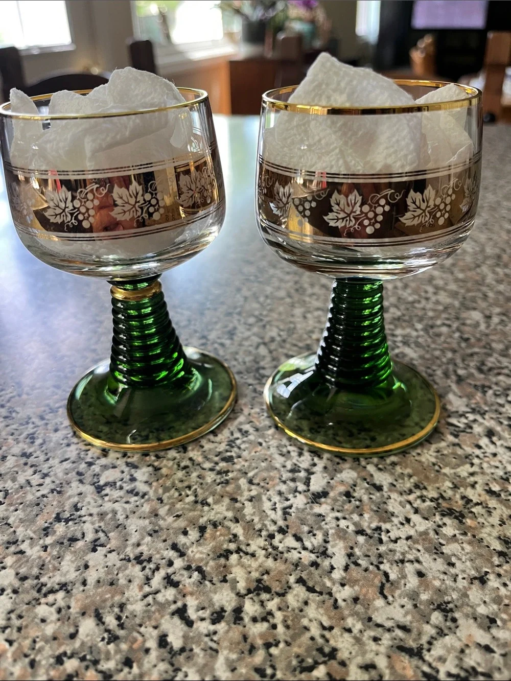 Merry Christmas Zum Deutschen Eck Green Stem Glasses with Gold Trim